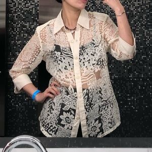 vintage sheer embroidered button up shirt in ivory